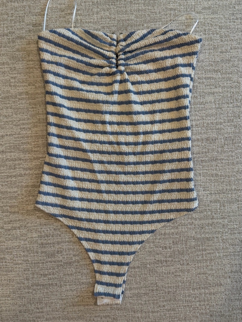 gaze Blue and Cream Striped Strapless Ribbed Bodysuit